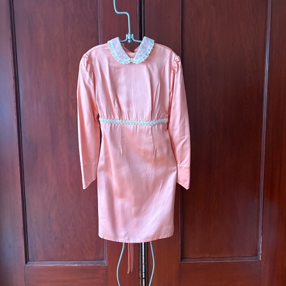 Vintage 1960s Peach Satin Dress: Beaded Waist, Lace Collar